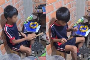 Niño se vuelve viral por tocar batería hecha a mano